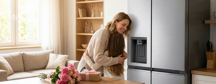 A mother and a child embracing next to a stainless-steel LG refrigerator, beside a bouquet of flowers and a gift on a table.	