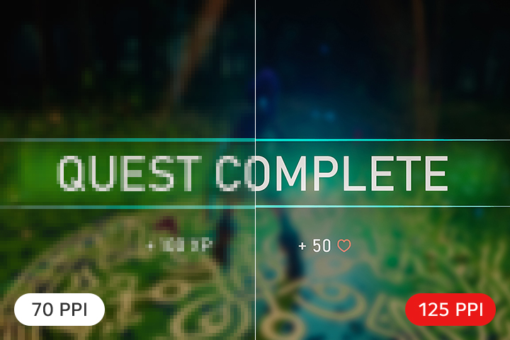 A split-screen comparison of game text clarity showing the phrase QUEST COMPLETE, with the left side at 70 PPI appearing blurry and the right side at 125 PPI appearing sharp and clear.