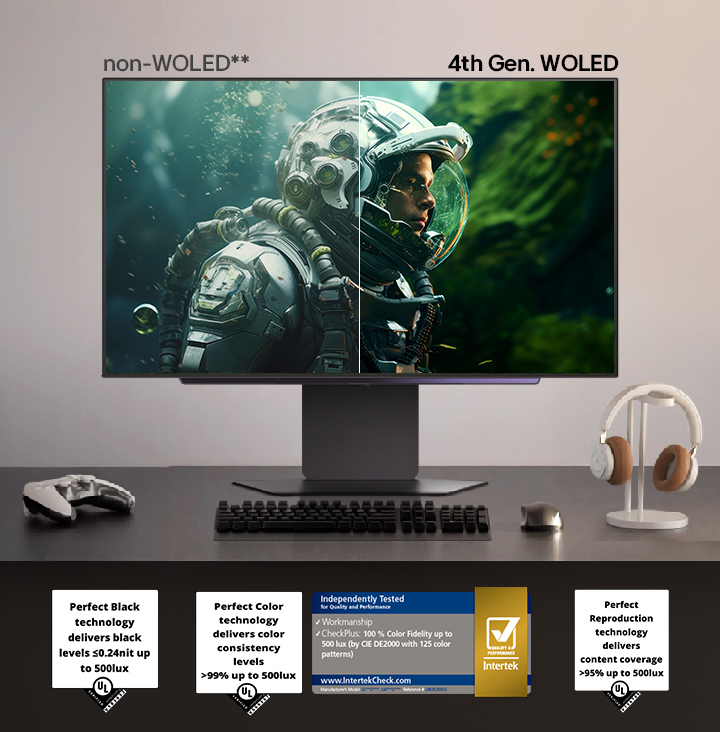 An LG UltraGear monitor on a desk compares non-WOLED with 4th Gen WOLED, showing a space explorer’s face with deeper blacks and richer colors on the WOLED side, alongside certification badges for Perfect Black, Perfect Color, and Perfect Reproduction technologies.