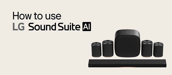 LG Sound Suite home theater speaker set with a H7 soundbar, a pair of M7 speakers, another pair of M5 speakers and a W7 woofer.	