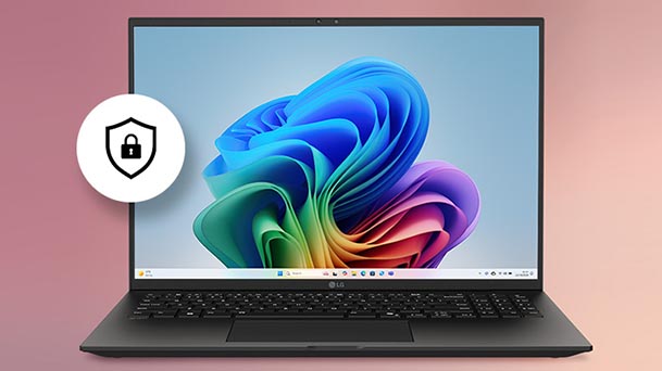Cette image montre un ordinateur portable affichant un fond d'écran Windows coloré avec une icône représentant un bouclier de sécurité à côté, soulignant les fonctionnalités de protection matérielle intégrées à l'appareil.