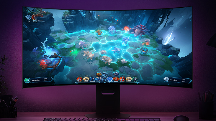 Un moniteur incurvé LG UltraGear affiche une scène de jeu de stratégie dynamique avec des tuiles hexagonales lumineuses et des créatures fantastiques en plein combat, sur fond de bureau de jeu éclairé de violet.