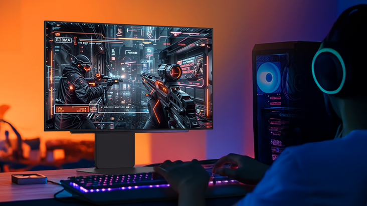 Un joueur équipé d’un casque joue à un jeu FPS sur un moniteur LG UltraGear, montrant des soldats futuristes visant dans une ville cyberpunk éclairée au néon, avec un clavier RGB lumineux et un ordinateur personnel de jeu à leurs côtés.
