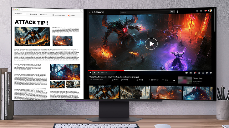 Un moniteur incurvé LG UltraGear affiche un écran partagé en mode multitâche, avec une page Web contenant des conseils d’attaque à gauche et une vidéo de gameplay d’un RPG fantastique mettant en scène un mage combattant un démon géant à droite.
