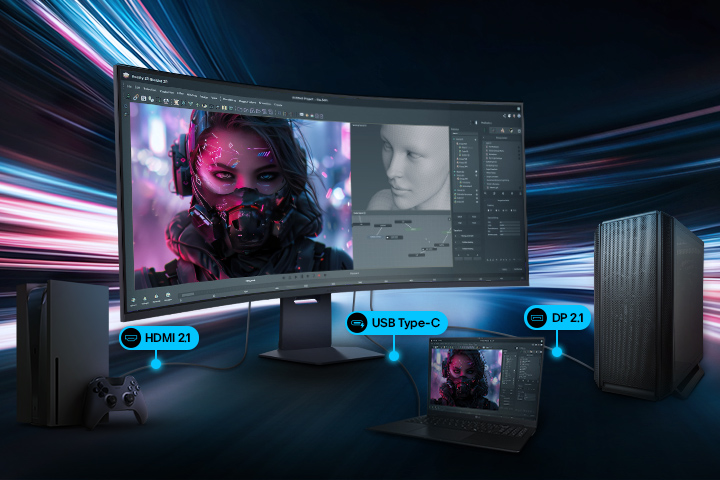 A gaming monitor is connected to a PC, laptop, and console setup, illustrating versatile connectivity options including DisplayPort 2.1, USB Type-C, and HDMI 2.1 for high-performance gaming and productivity.	