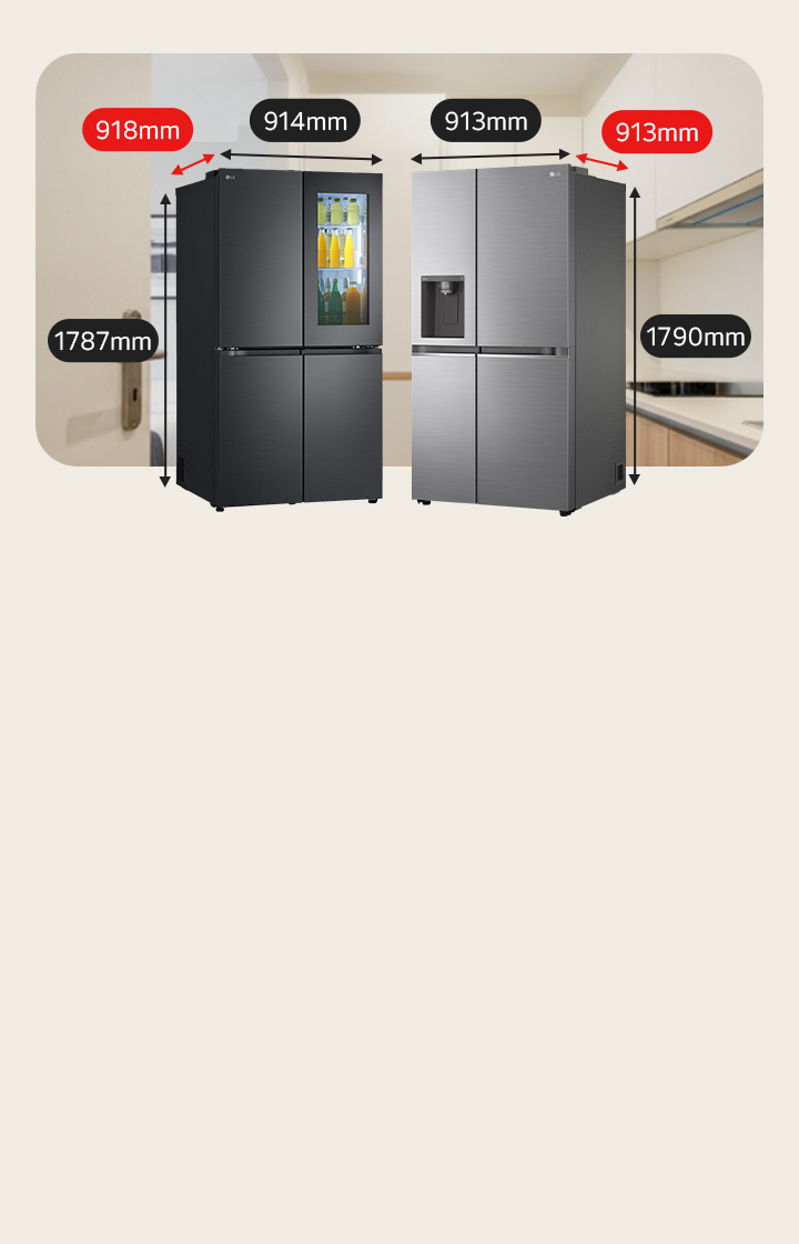 A dark black 4-door multi-door model with a glass panel on its upper right. A silver side-by-side model with a water dispenser on its upper left.