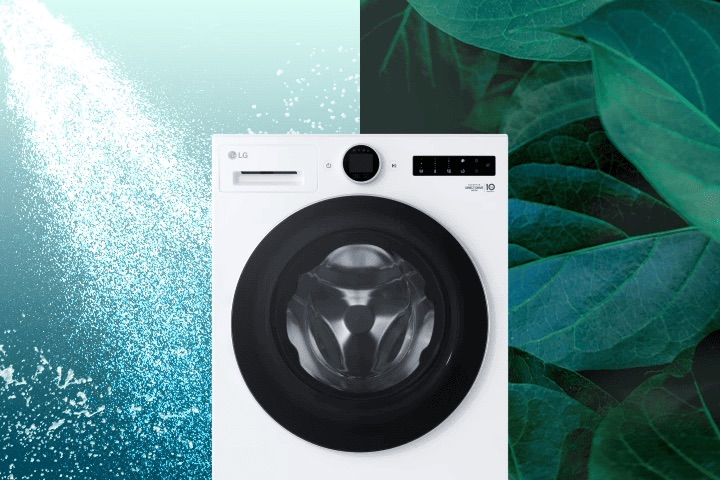 White LG front load washer with water spray background representing fast efficient TurboWash™ 360° cleaning.