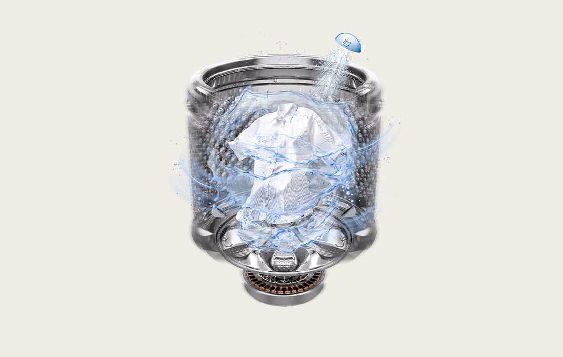 Washer drum with angled water spray streams emphasizing JetSpray™ quick rinse action.