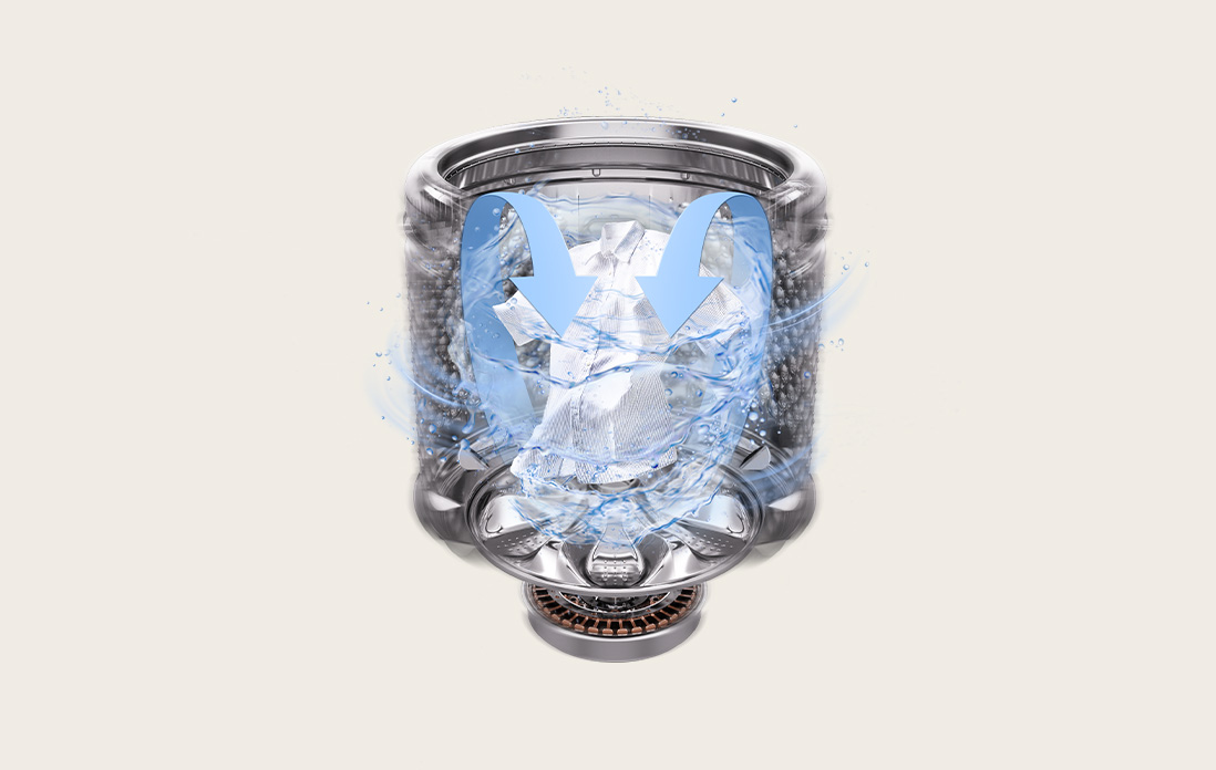 Top load washer drum with cascading water, highlighting WaveForce™ waterfall motion.