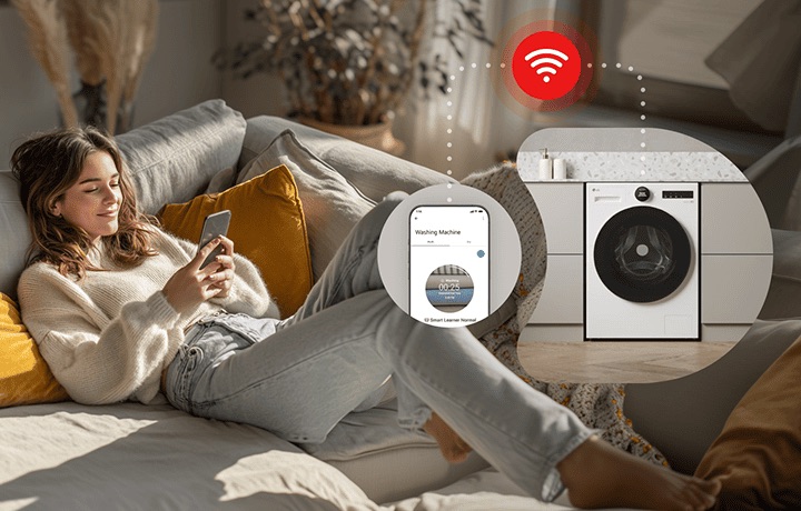 Woman on a sofa using a smartphone with ThinQ connected to an LG front load washer showing smart Wi Fi control.