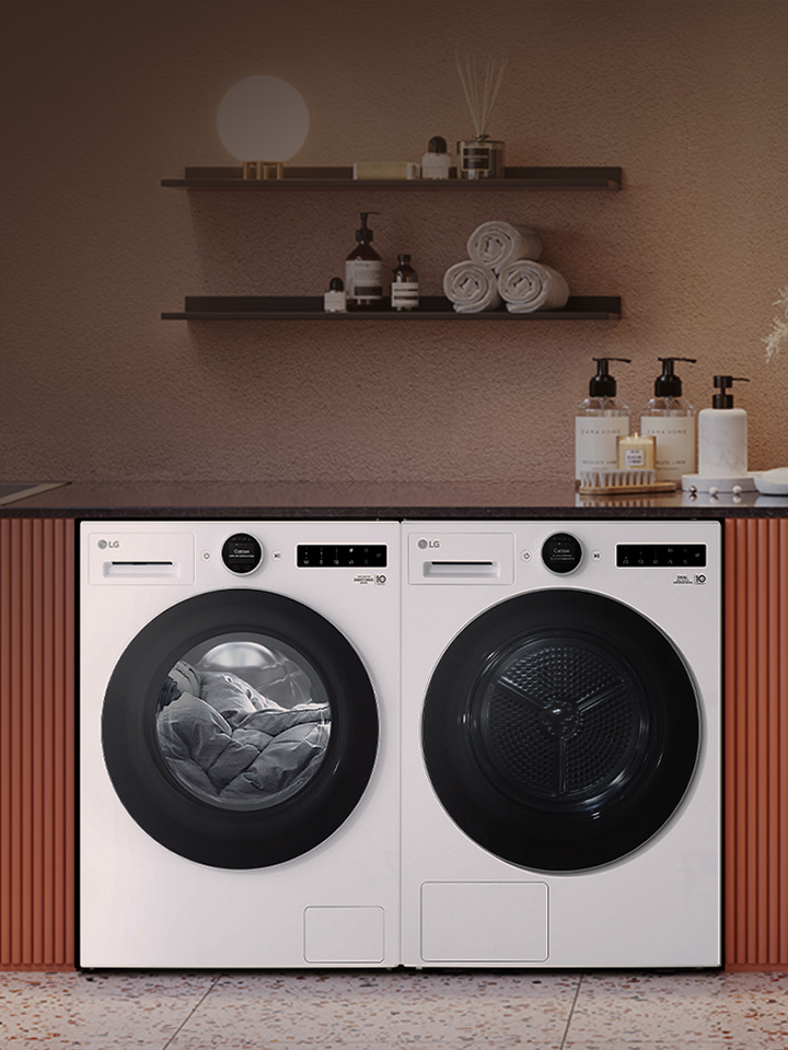 Modern Saudi home with LG WashTower™, Front Load and Top Load washers featuring AI DD™, TurboWash™, and ThinQ™.