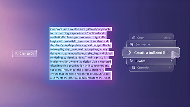 This image shows a highlighted block of text on a gradient background with an action menu offering options like copying, summarizing, and creating a bulleted list, visually representing one-click productivity features.