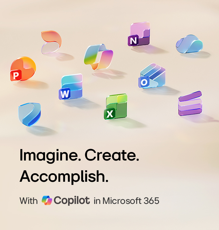 This image shows colorful 3D icons of Microsoft 365 applications including Word, Excel, PowerPoint, Outlook, and OneDrive on a light orange gradient background.