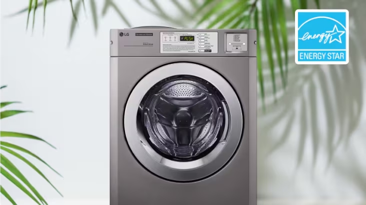 Front-load commercial washer featuring energy-efficient design with Energy Star certification badge	