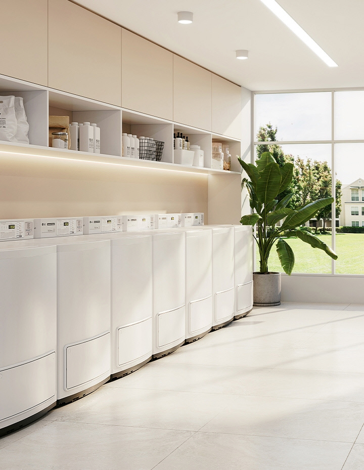 Bright shared laundry room with commercial washers, dryers, and ample open space	