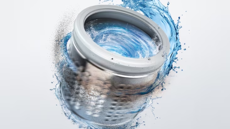 Stainless steel washing drum surrounded by water flow, illustrating gentle and effective fabric care	