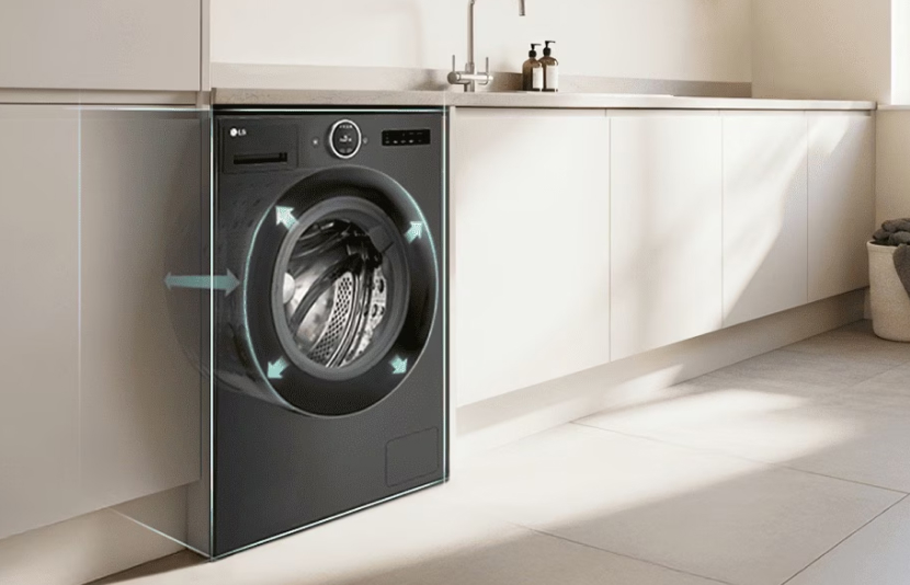 LG front load washing machine installed in a bright modern kitchen-style laundry space with cabinets and sunlight	