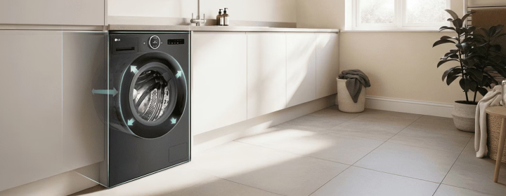 LG front load washing machine installed in a bright modern kitchen-style laundry space with cabinets and sunlight	