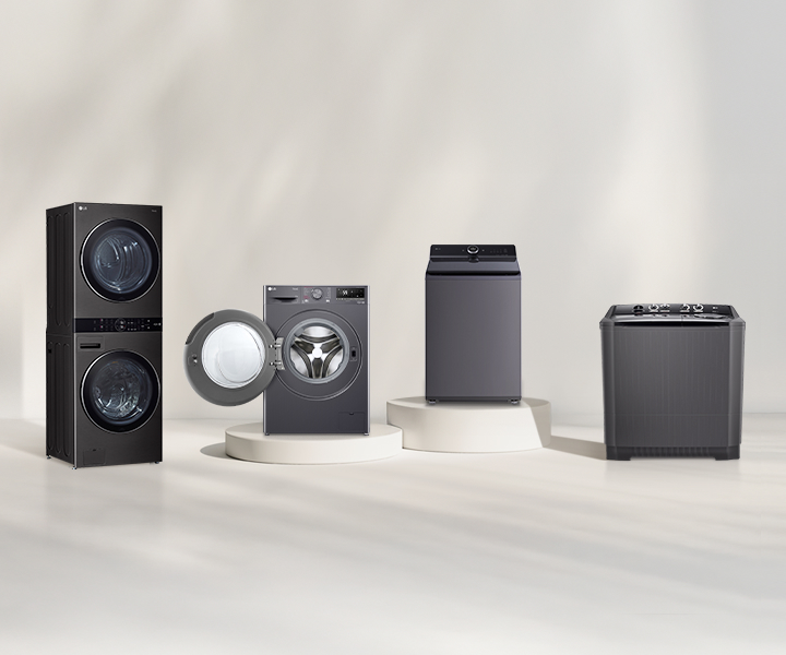 LG washing machine lineup showing front load, top load and twin-tub models displayed side by side in a studio setting