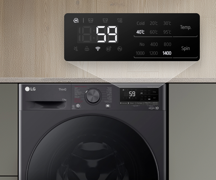 LG washing machine control panel close-up showing digital temperature display and program selection interface	