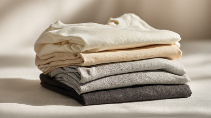 Folded cotton and linen clothes stacked neatly on a shelf showing everyday laundry fabric types