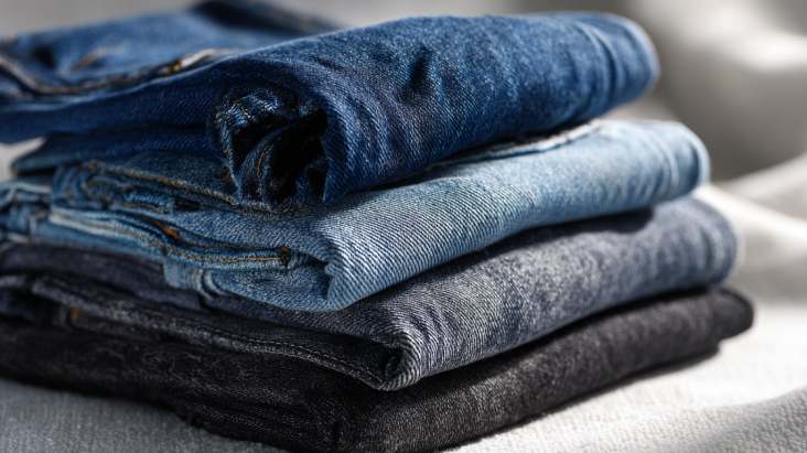 folded denim jeans stacked in a pile showing thick fabric texture and casual clothing material	