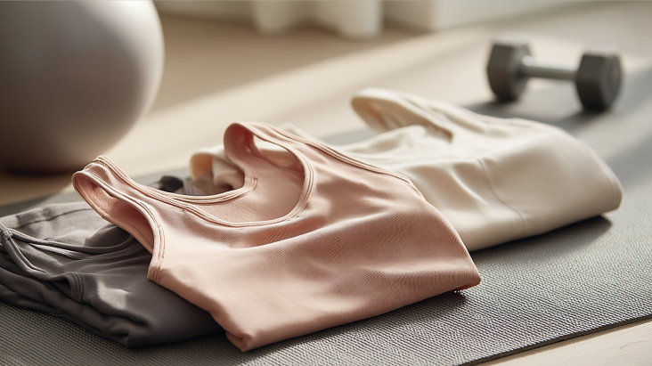 folded sportswear clothing laid out on a table showing lightweight athletic fabric materials