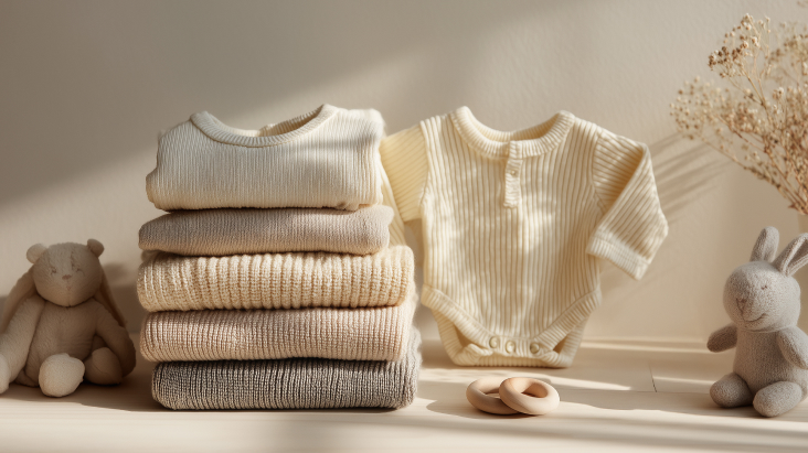 folded baby clothes stacked with soft fabric textures representing gentle infant laundry care