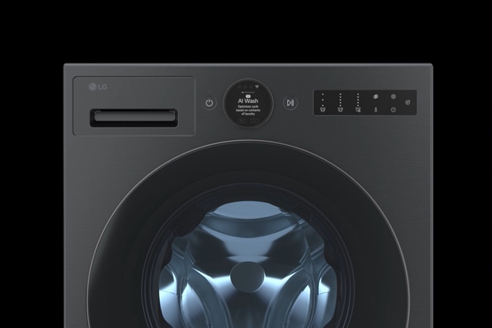 LG washing machine with interior exposed, showing motor and circular AI DD chip with moving purple lines. The panel closes, revealing the full washer.