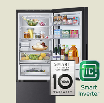 Fresh food-filled refrigerator with open door and logo images for warranty and smart inverter. 