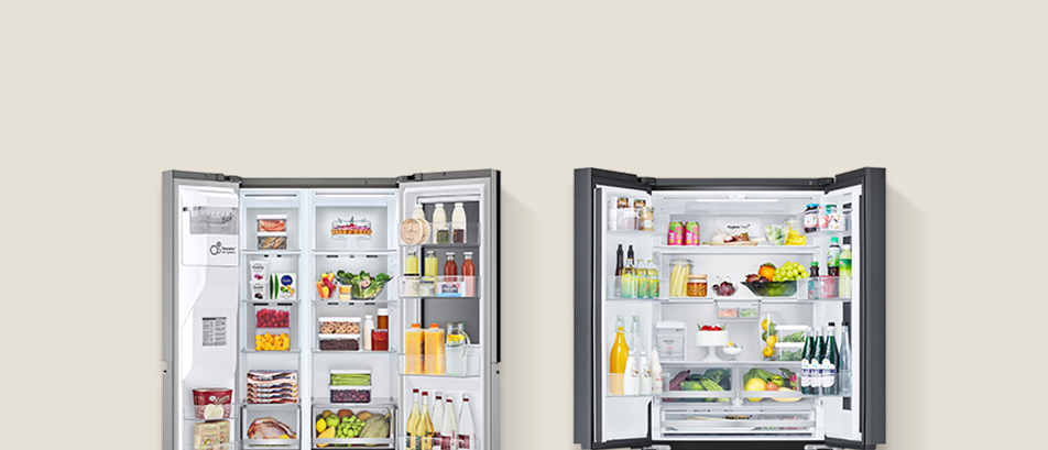 There are two LG refrigerator freezers side by side with the door open. The left side is fully open and the InstaView model on the right side contains groceries. The top left side shows the text of the side-by-side and multi-door refrigerator freezer.