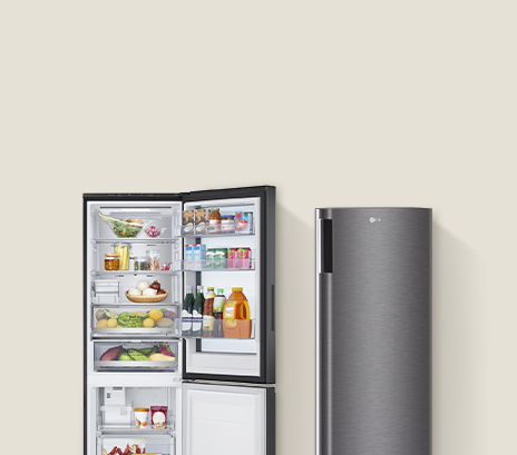The left side shows a black LG refrigerator freezer with an open door, neatly organized food and drink, and the right side shows a closed 1-door freezer.