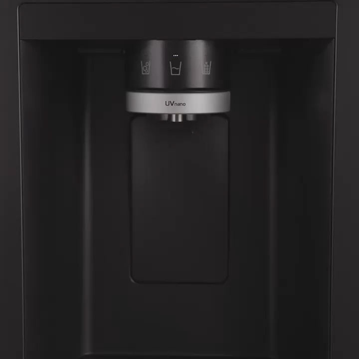 LG Fridge Freezer water supply connection with faucet and hose attached at rear.