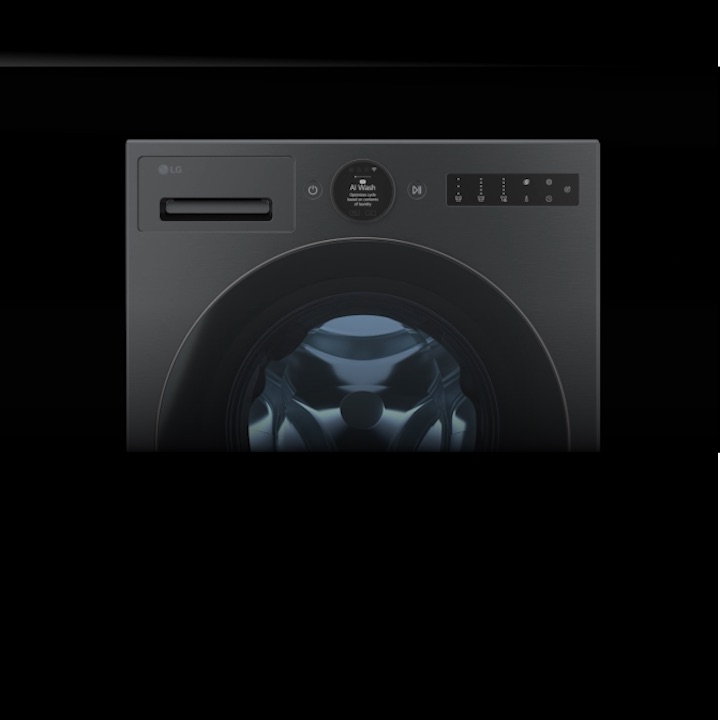 LG washing machine with interior exposed, showing motor and circular AI DD chip with moving purple lines. The panel closes, revealing the full washer.