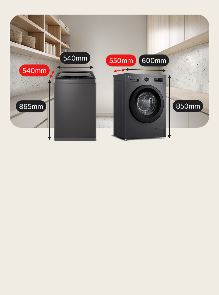 LG compact washing machine dimensions showing 475mm depth for tight spaces.
