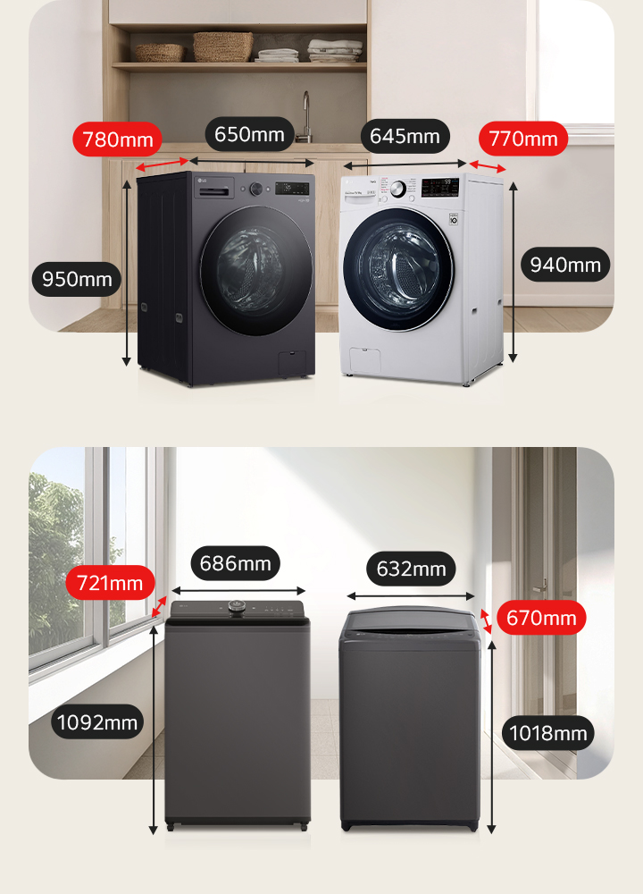 780 mm deep and 770 mm full-loading washing machine in a wide laundry room is located on the left, and on the right is a top-loading washing machine with 721 mm and 670 mm deep in a wide multipurpose room