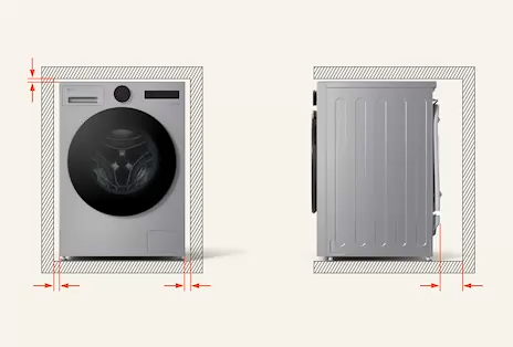 LG front load washers with clearance space guide showing correct side and door spacing for safe installation.