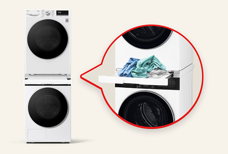 Clearance diagram for an all-in-one washer-dryer highlighting 2 cm side gaps and 10 cm rear space for airflow.