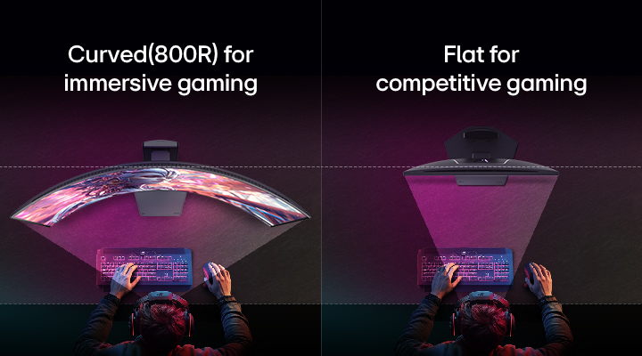 Top view comparison of a gamer at a desk using two monitors: on the left, a curved 800R display for immersive gaming with a wider field of view, and on the right, a flat display designed for competitive gaming with a focused straight view.