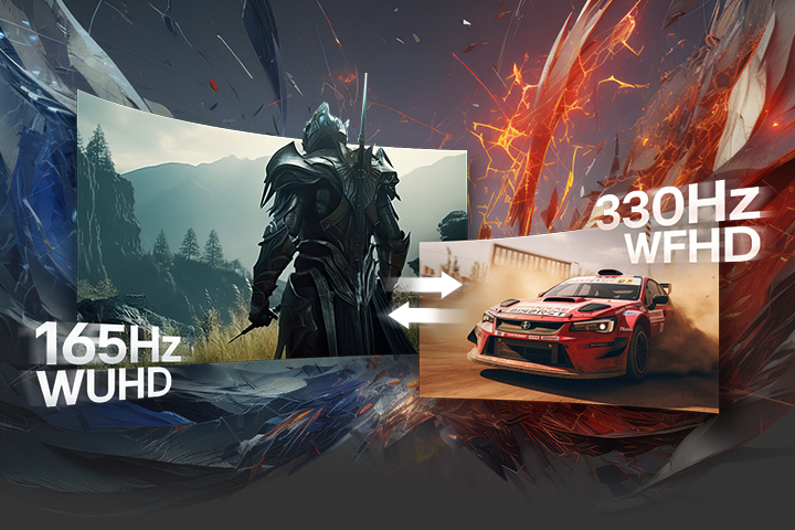 An LG UltraGear display illustrates dual mode performance, showing a fantasy warrior scene at 165Hz WUHD resolution on the left and a rally racing car at 330Hz WFHD resolution on the right, emphasizing flexible refresh rate and resolution options.