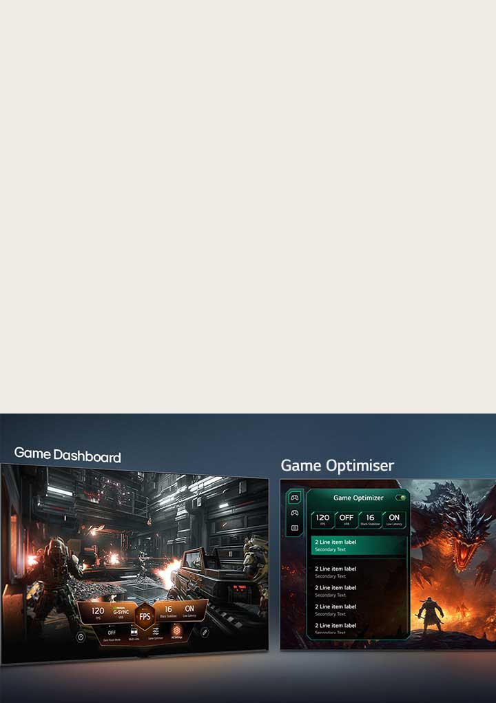 LG Micro RGB evo AI MRGB95 with Game Dashboard and Optimizer shows side-by-side game screens and an on-screen menu for adjusting gameplay settings such as refresh rate, latency, and visual modes in real time. 	
