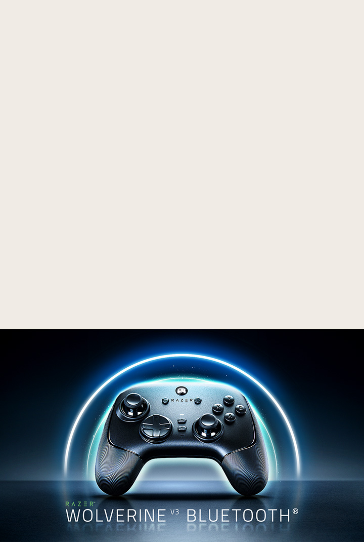 LG Micro RGB evo AI MRGB95 with Bluetooth Ultra Low Latency shows a wireless game controller labeled “Razer Wolverine V3 Bluetooth” on screen, indicating optimized Bluetooth controller support for responsive gameplay. 	