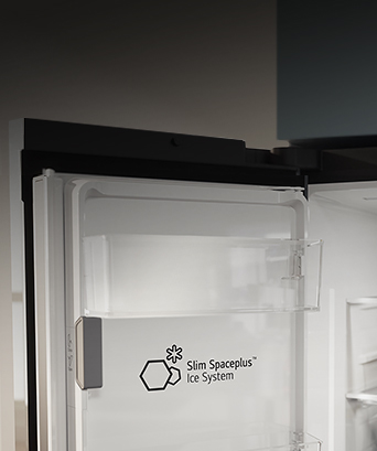 The Slim SpacePlus™ Ice System logo is displayed on the inner door of the open refrigerator.