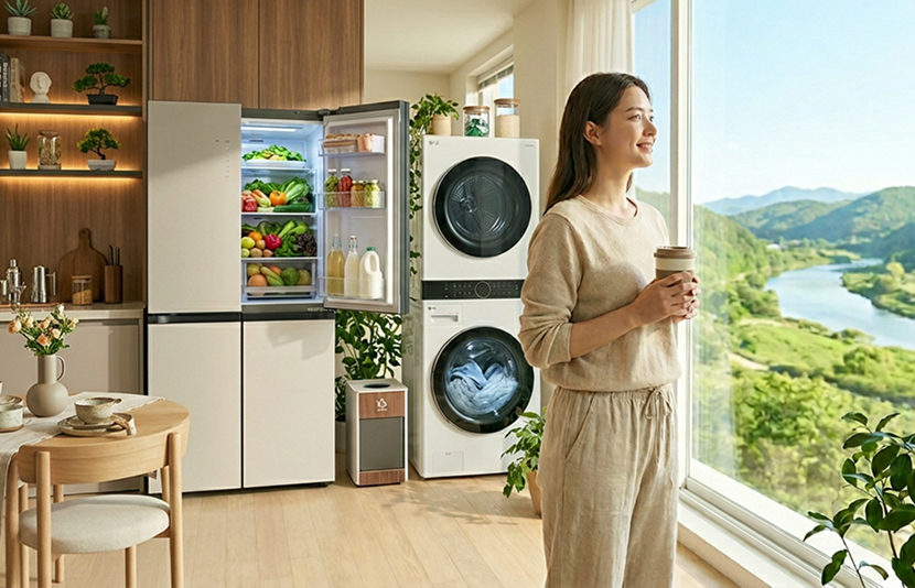 LG refrigerator open with fresh produce in a bright natural wood kitchen, beside a large window with plants and soft daylight.	