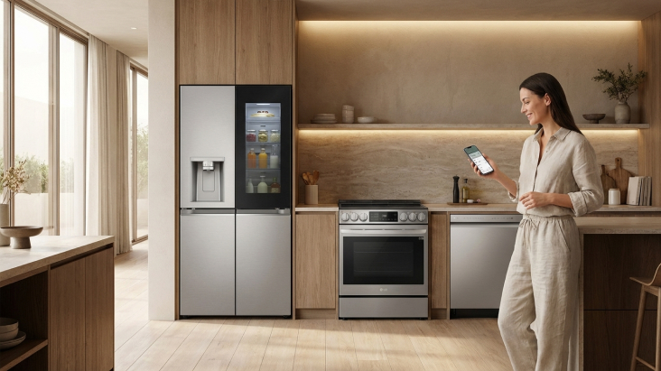 LG InstaView™ refrigerator in a warm wood kitchen beside a silver oven and dishwasher, with a woman holding a phone.	
