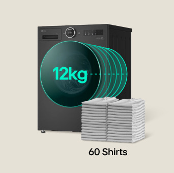 LG 12kg black washing machine with '12kg' displayed on the front panel. Stacked shirts beside the machine illustrate its capacity to handle up to 60 shirts in one load.