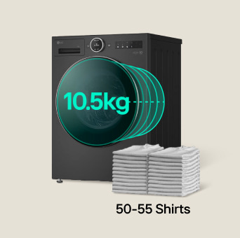 LG 10.5kg black washing machine with '10.5kg' displayed on the front panel. Stacked shirts beside the machine illustrate its capacity to handle 50 to 55 shirts in one load.