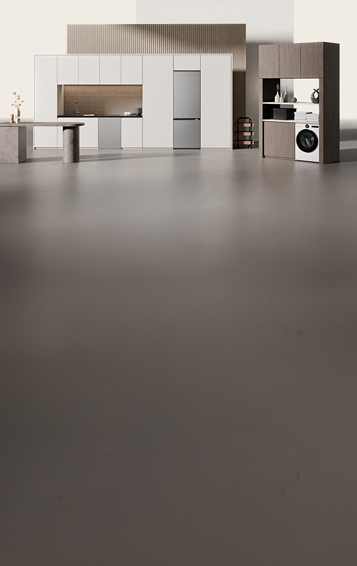 LG Fit & Max fridge freezer blends seamlessly with surrounding modern cabinetry, with warm lighting and minimalist furniture.	