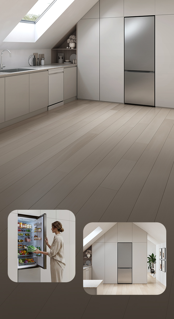 LG sleek silver tall fridge freezer flush-fit into a white attic kitchen with skylight lighting and a woman opening it.	