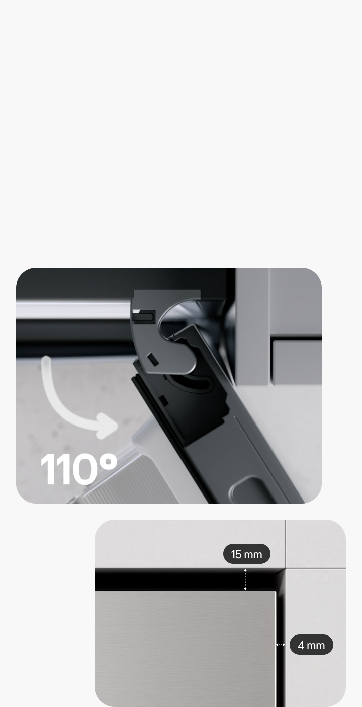 LG Fit & Max Fridge Freezer hinge enabling 110° door opening with 4 mm side clearance for flush cabinet installation.	